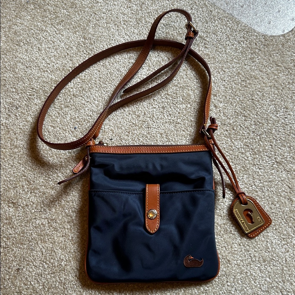 Dooney & Bourke Navy and Brown Bag with Gold Tag